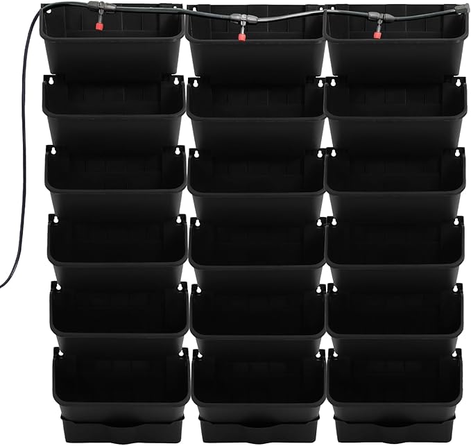 18 Pots Vertical Garden Wall Planter, Self-Watering Vertical Plant Wall Mounted Flower Pots with Timer & Drain Hose, Plant Vegetable Hanging Pocket Holder (Black)