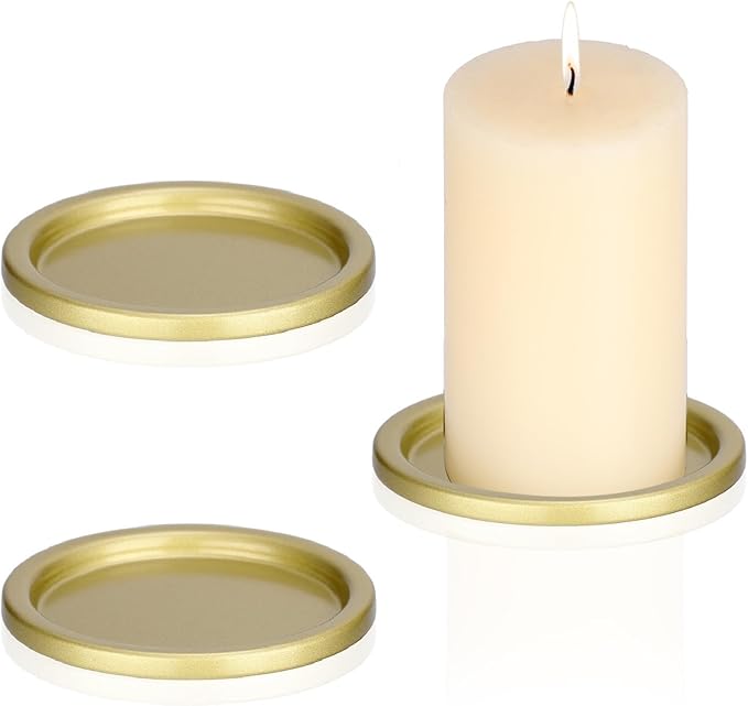 OwnMy 3PCS Iron Candle Holders for Pillar Candles, 3 Inch Metal Pillar Candle Plates and Trays, Small Round Tealight Holders Elegant Candle Stands Bases for Wedding Dining Table Centerpieces, Gold