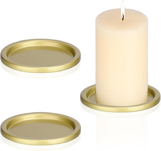 OwnMy 3PCS Iron Candle Holders for Pillar Candles, 3 Inch Metal Pillar Candle Plates and Trays, Small Round Tealight Holders Elegant Candle Stands Bases for Wedding Dining Table Centerpieces, Gold