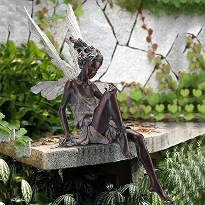 Garden Resin Figure, Angel Statue, Garden Sculptures, Flower Statue, Garden Statue, Outdoor Decoration Exquisite Statuary for Backyard, Balcony, Lawn, 7.1 x 3.1 x 5.9 in, Color Black