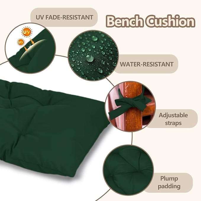 59 inch Indoor/Outdoor Bench Cushion, Swing Cushion,2/3 seat Thick Outdoor Garden Bench Seat Cushion Backrest Waterproof Bench Pad (59 X 19.13 in,Dark Green)