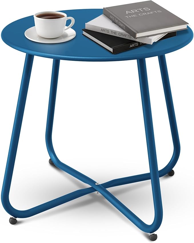 Patio Side Table, Round Metal Steel Weather Resistant Portable Patio Table， Outdoor and Indoor Patio Small Table for Garden Balcony Yard, Peacock Blue