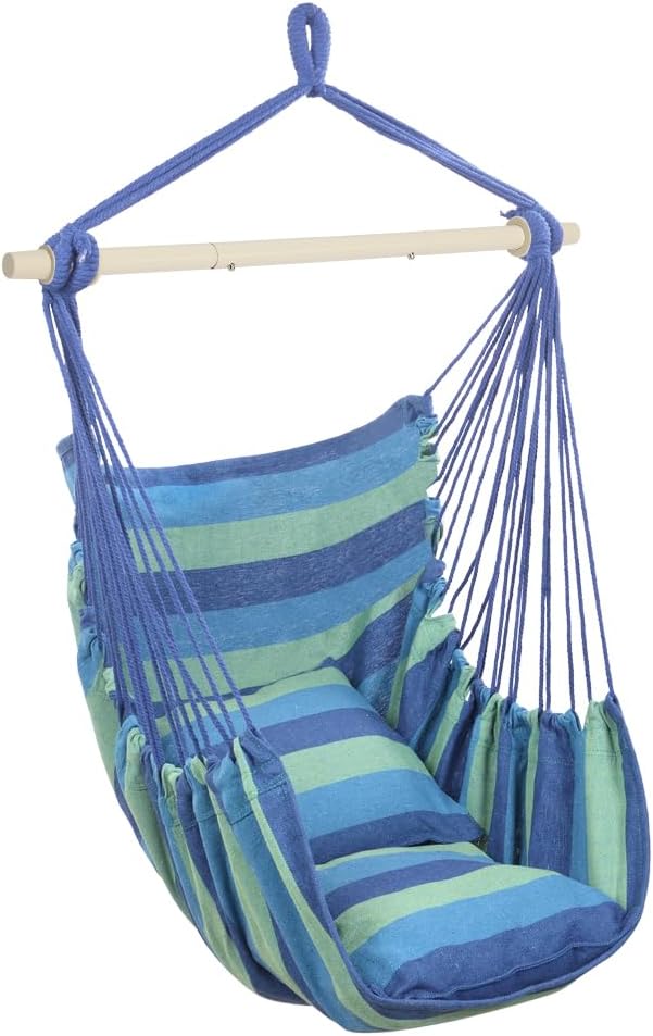 ONCLOUD Hammock Chair Hanging Rope Swing, Load Capacity Up to 550 LBS Macrame Hammock Swing Seat with Two Cushions, Hammock Seats with Portable Steel Spreader Bar for Indoor/Outdoor, Blue Green Stripe