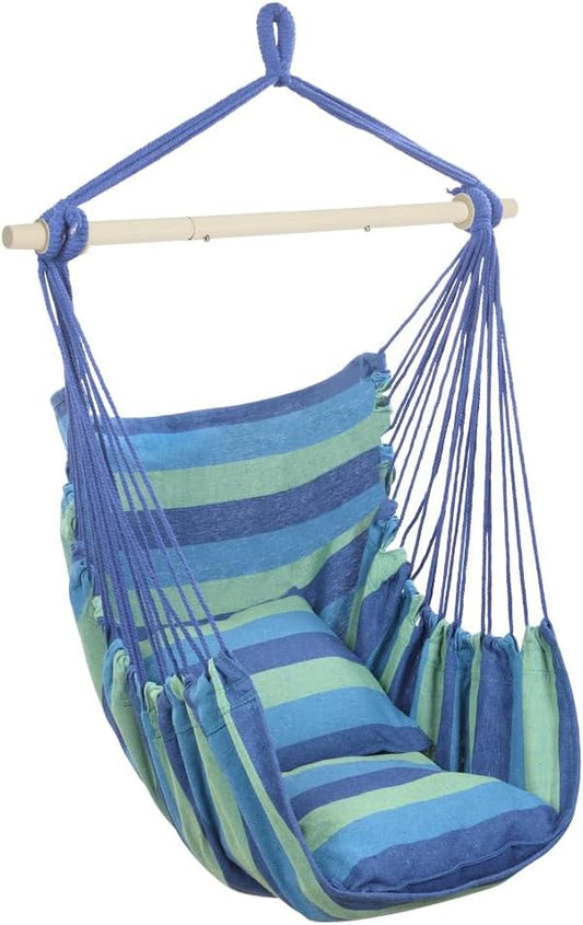 ONCLOUD Hammock Chair Hanging Rope Swing, Load Capacity Up to 550 LBS Macrame Hammock Swing Seat with Two Cushions, Hammock Seats with Portable Steel Spreader Bar for Indoor/Outdoor, Blue Green Stripe