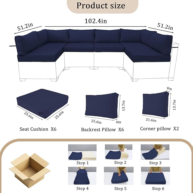 14 Pieces Outdoor Sectional Replacement Cushions for Patio Furniture, 4in Thick Outdoor Sofa Cushions for 6 Seat, Waterproof Deep Seat Couch Patio Cushion Set (Navy Blue)