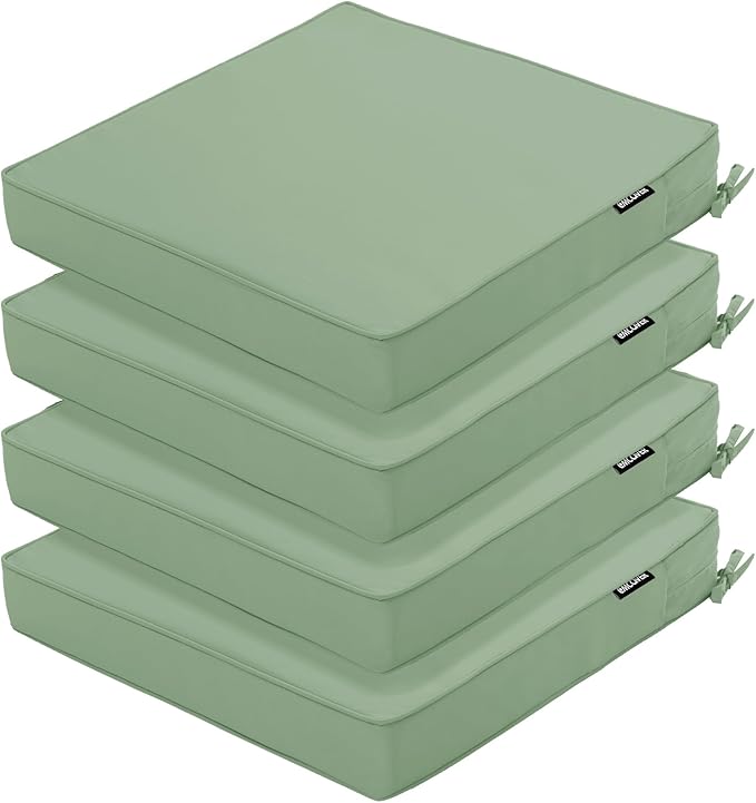 4 Pack Outdoor Chair Cushions 19 x 19 Inch Water Resistant Patio Chair Cushions with Tie 3 Year Color Fastness Thick Outdoor Seat Cushion for Garden Lawn Patio Furniture Sage Green