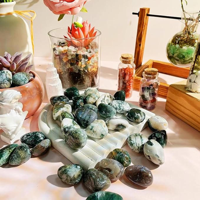 DUQGUHO Moss Agate Crystals Bulk Natural Irregular Polished Stones Tumbled Crystals Gemstone Rocks for Beginners Gift 200g
