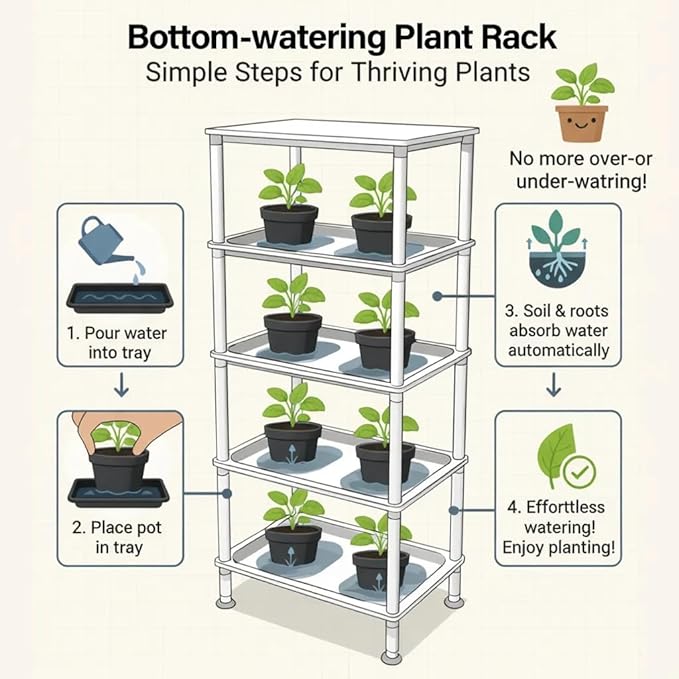 5-Tier Seed Starter Trays Plant Stand, with Bottom-Watering Design–Shelf for Indoor Outdoor Seedling Sprouting Greenhouse, Space-Saving for Small Cell Trays & Nursery Pots, White
