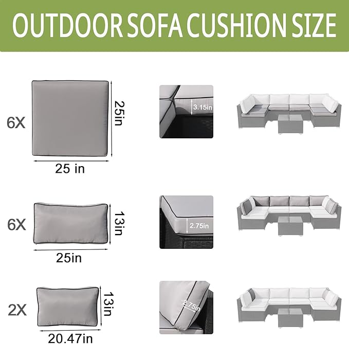 14Piece Outdoor Sofa Cushion Replacement, Patio Furniture Waterproof Cushion with Zippers, fit 6-Seat Outdoor Wicker Rattan Sectional Couch (Light Gray and Black, 24.8"x24.8"x3.15")