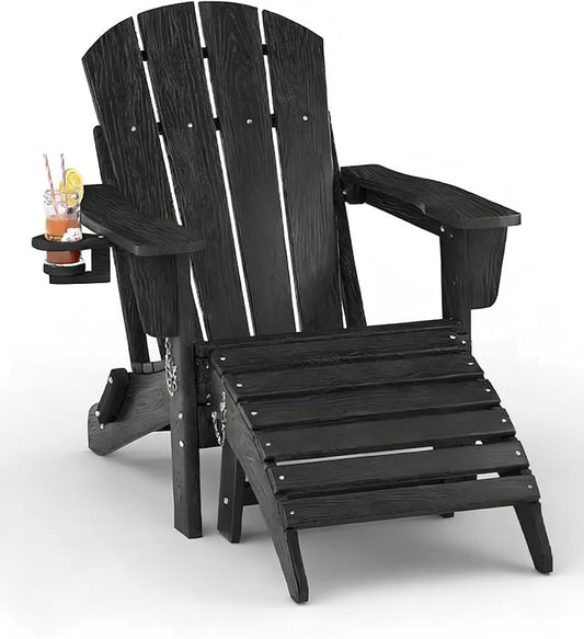 Folding Adirondack Chair Set of 2 with Ottoman, All-Weather HDPE Outdoor Chair, Wooden Textured with Cup Holder for patios, Decks, Gardens, fire pits, Black