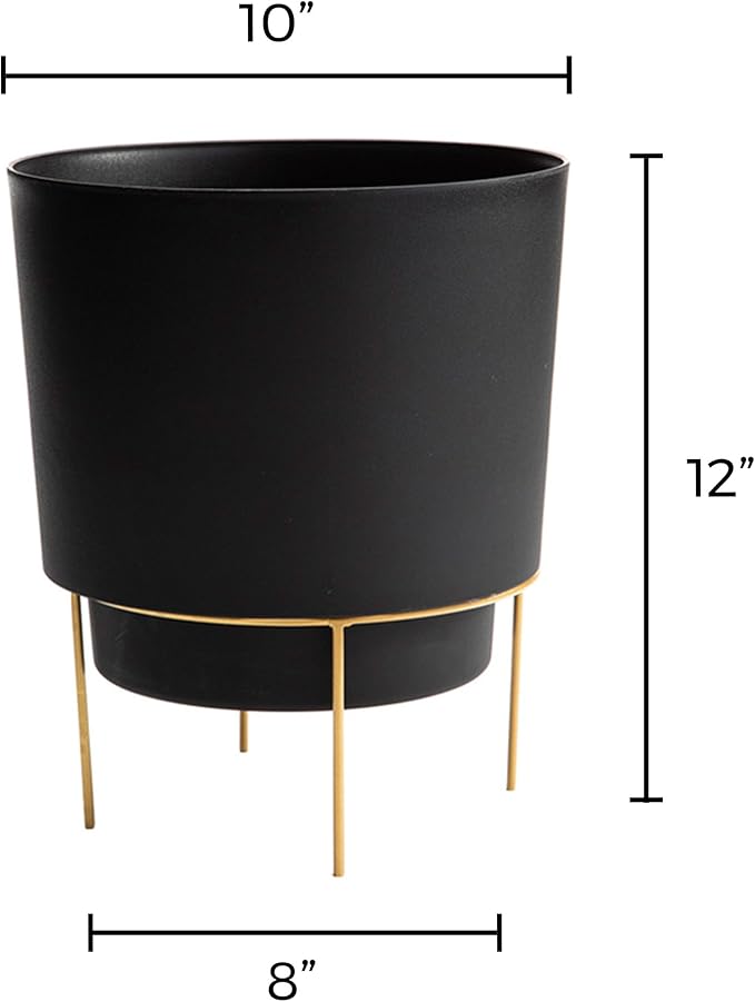 Bloem Hopson Decorative Resin Cachepot with Metal Stand, 10" Indoor and Outdoor Planter with Gold Metal Stand, Black
