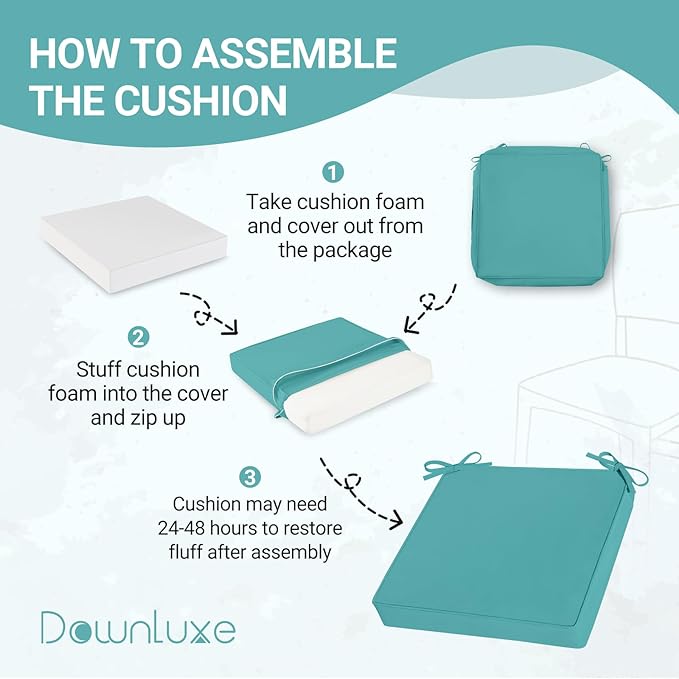 downluxe Waterproof Outdoor Chair Cushions Set of 2, 19" x 19" x 3" Patio Chair Cushion with Non-Slip Ties & Handle, Square Outdoor Cushion for Patio Furniture with Removable Cover, Teal