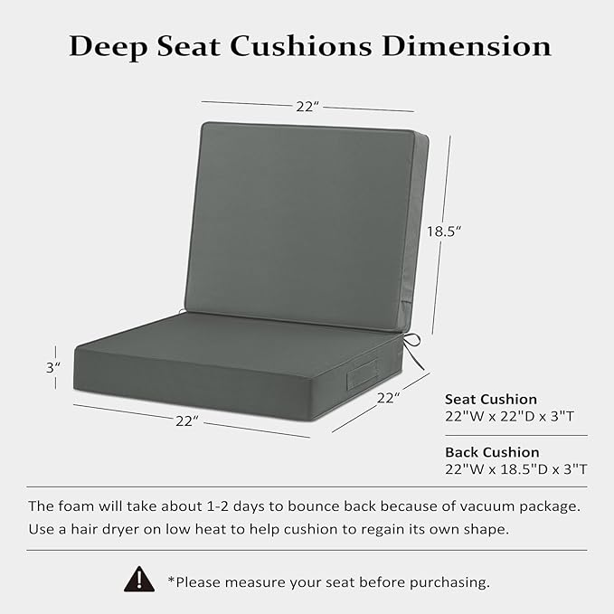 Cozyide 22x22 Outdoor Cushions for Patio Furniture, Waterproof Outdoor Chair Cushions with Non-Slip Ties and Handle, Washable Deep Seat Cushions for Outdoor Furniture with Removable Cover, Dark Gray