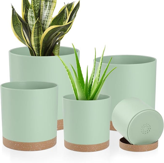 Plant Pots with Drainage Holes and Saucers – 7, 6.5, 6, 5, 4 Inch Plastic Planters for Indoor Outdoor Plants, Modern Matte Finish, Lightweight & Durable（Green）