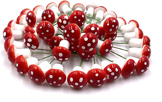 Aliotech 50 Pieces Mini Mushroom Miniatures Artificial Garden Fairy Bonsai Plant Pot Resin Craft Decoration for Home DIY Micro Landscape Decor (Red)