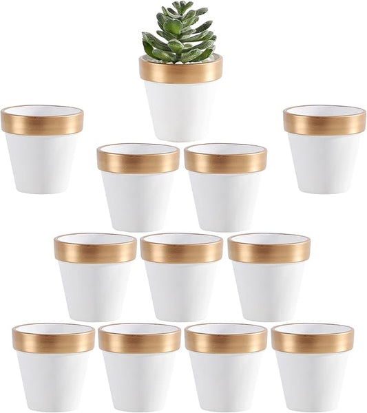 Yishang 2.5 inch White&Gold Terracotta Pots with Drainage Holes,Small Mini Clay Ceramic Pottery Planter,Cactus Flower Terra Cotta Pots,Succulents Nursery Pots for Indoor/Outdoor Plants,Crafts-12 Pack