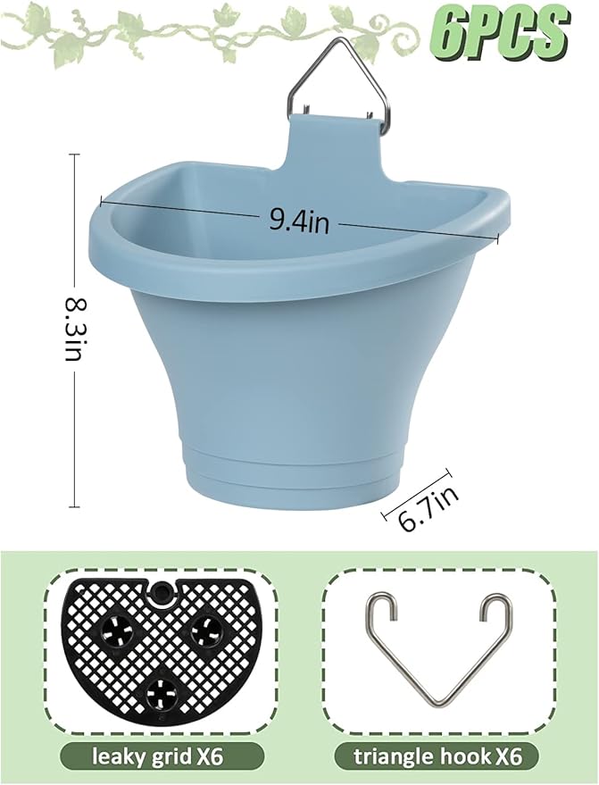 MADHOLLY 6Pcs Hanging Vertical Planter- Plastic Wall Hanging Planter with Hooks Leaky Grid- Self Watering Hanging Pots for Indoor Outdoor Garden Fence Hanging Decorations (Blue)