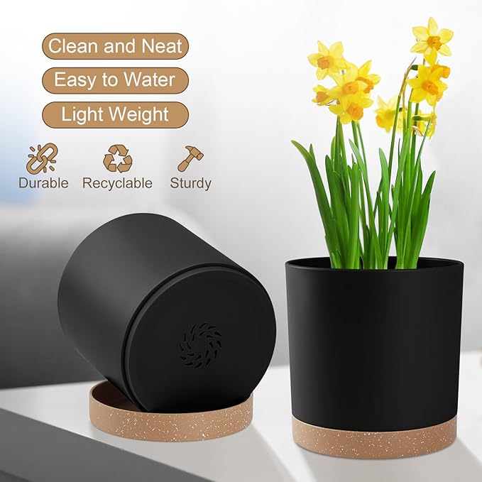 Plant Pots with Drainage Holes and Saucers – 7, 6.5, 6, 5, 4 Inch Plastic Planters for Indoor Outdoor Plants, Modern Matte Finish, Lightweight & Durable（Black）