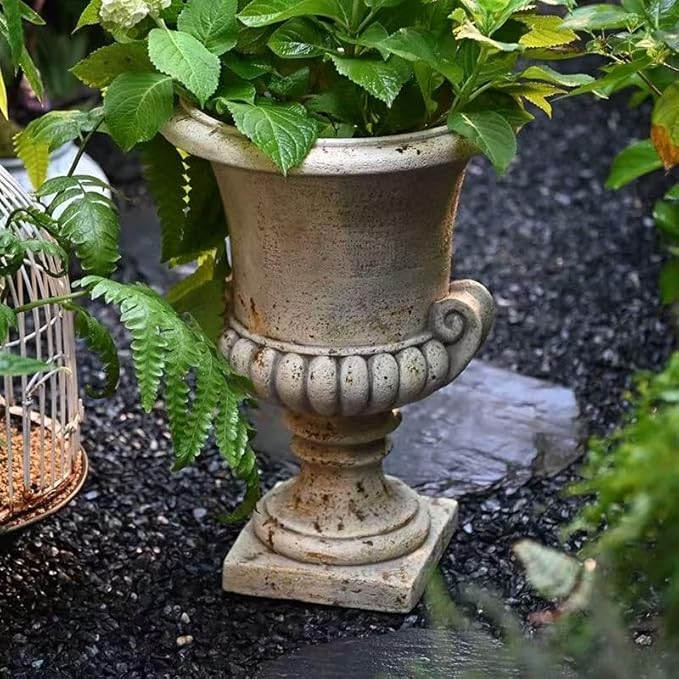 VISIBLE Vintage European Giant Garden Urn Planter, Decorative Cement and Fiber Flower Pot, Make Rust Finished, Wrap Foam Safely Delivered from Local Warehouse (Antiqued, Medium)