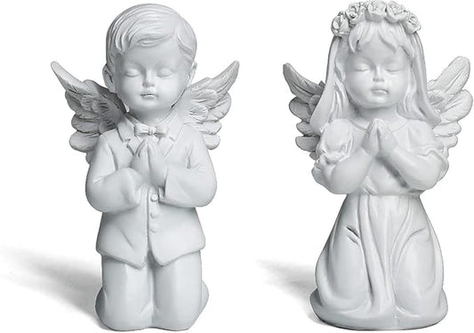 YUEOECOR 2PCS Cherubs Angels Resin Garden Statue Figurine, Adorable Angel Sculpture Memorial Statue Indoor Outdoor Home Garden Decoration (A 2PCS White)