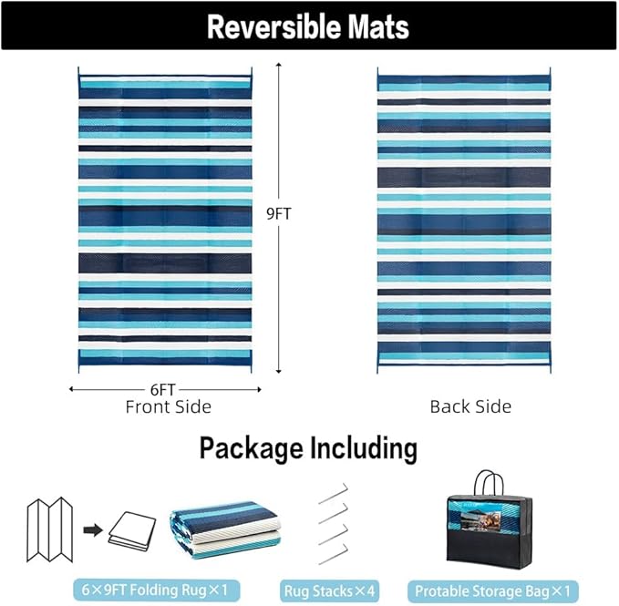 HUGEAR Outdoor Waterproof Rug 6'x9' Plastic Straw Rugs Washable Reversible Floor Mat Blue Stripe Carpet for Camping RV Deck Entryance Porch Picnic Balcony Beach Backyard