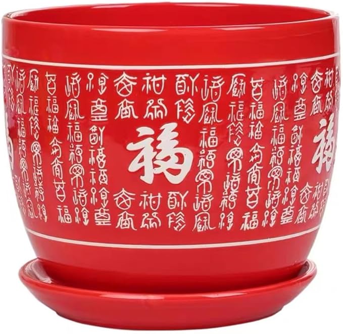 Ceramic Red Planters Pot with Drainage Hole and Saucer, Home/Garden Outdoor Decorative, Tray for Wedding - Outside Chinese Characters Meaning Fortune,Plants Not Included