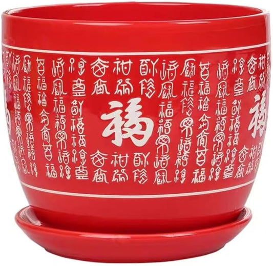 Ceramic Red Planters Pot with Drainage Hole and Saucer, Home/Garden Outdoor Decorative, Tray for Wedding - Outside Chinese Characters Meaning Fortune,Plants Not Included
