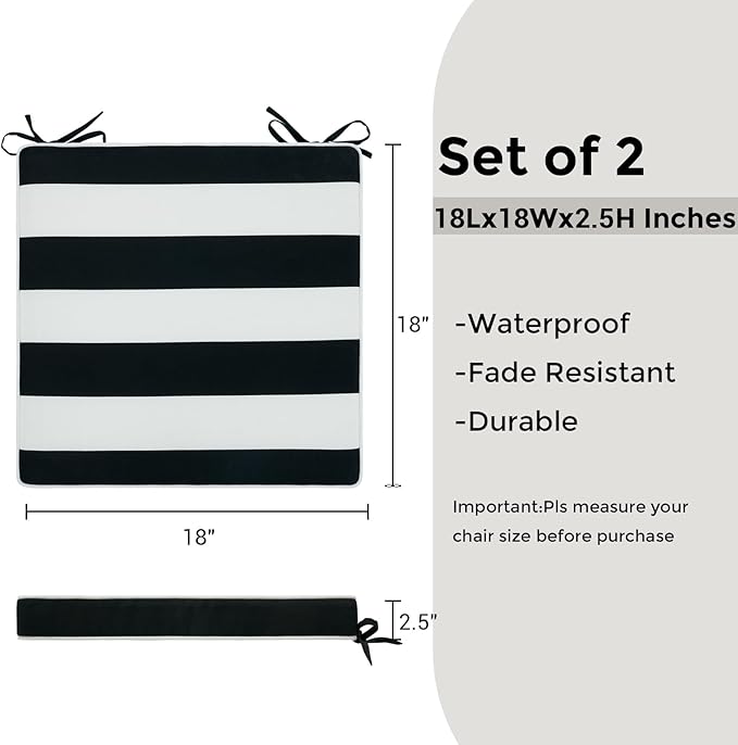FUNHOME Outdoor Chair Cushions 18"x18"x2.5" Set of 2,Water Resistant Patio Chair Cushion with Zipper&Ties,18x18 Inch Replacement Square Seat Cushion for Garden Chairs(Black White)
