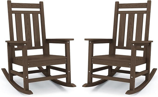 KINGYES Oversized Outdoor Rocking Chair Set of 2, All-Weather Patio Rocking Chairs for Porch, HDPE Outdoor Patio Rockers with High Back & Wide Seat for Garden, Lawn, Brown