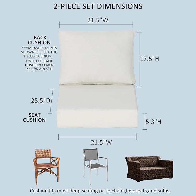 21.5x25.5 Inch Outdoor Deep Seat Cushions Set of 2,Thick High-Density Foam, Water-Resistant, Piped Edges & YKK Hidden Zipper for Patio Furniture,Almond