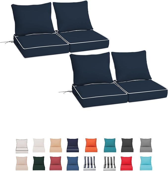 Outdoor Chair Cushions 2 Set,24 x 24 x 5IN, Patio Deep Seat Cushion for Patio Furniture, Waterproof Fade Resistant Thick Deep Seating Pads for Outside Wicker Ratten Chair Couch,navy+white piping