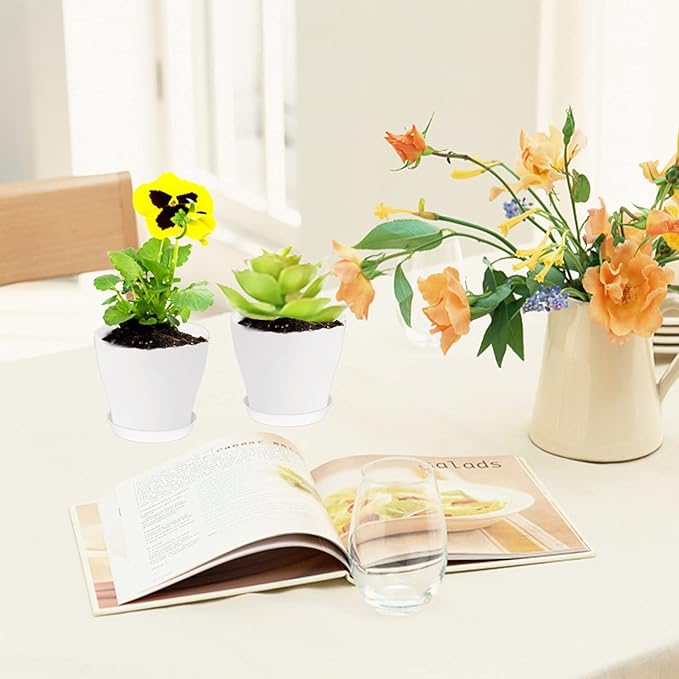 24 Set 4 Inch White Plant Nursery Pots,Plastic Planters Succulent Container with Trays and Drainage Holes for Indoor Outdoor Small Plants,Herbs,Seeds