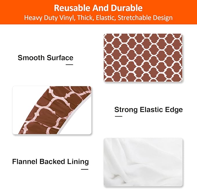 KENOBEE 8ft Picnic Table and Bench Cover, Camping Essentials RV Gear, 96 in Waterproof Windproof Outdoor Elastic All Around Tablecloth, Fitted Rectangle Tables and Seats, Coffee-White Moroccan