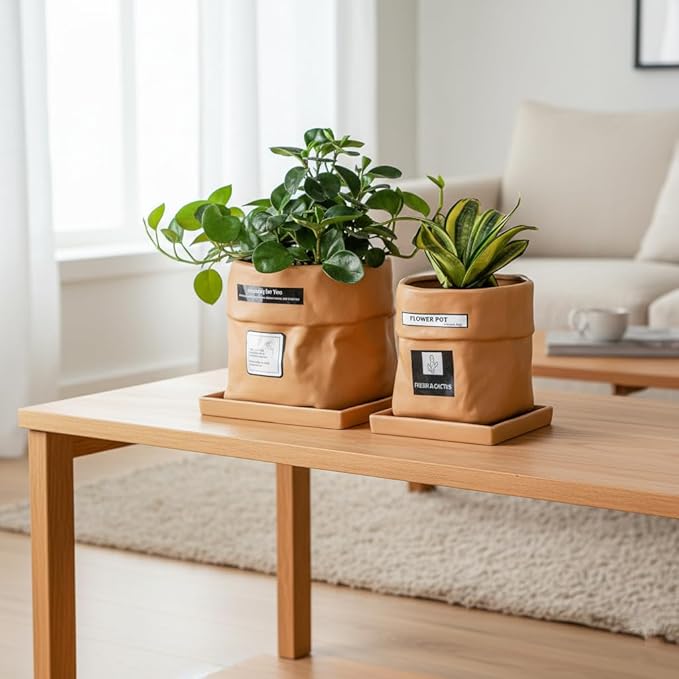 Nihow Ceramic Plant Pot: 8 Inch Planter with Drainage Hole & Square Saucer for Herbs/Plants, Bag Shape Design Flower Pot for Indoor & Outdoor Garden Decor - Terracota