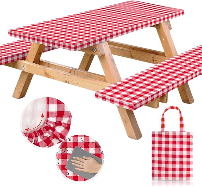 RNOONY Vinyl Fitted Picnic Table Cover with Bench Covers and Bag,8ft Outdoor Waterproof Picnic Tablecloth with Elastic Edges, 96x30 Inches 3 Pcs Set (Red Checkered)