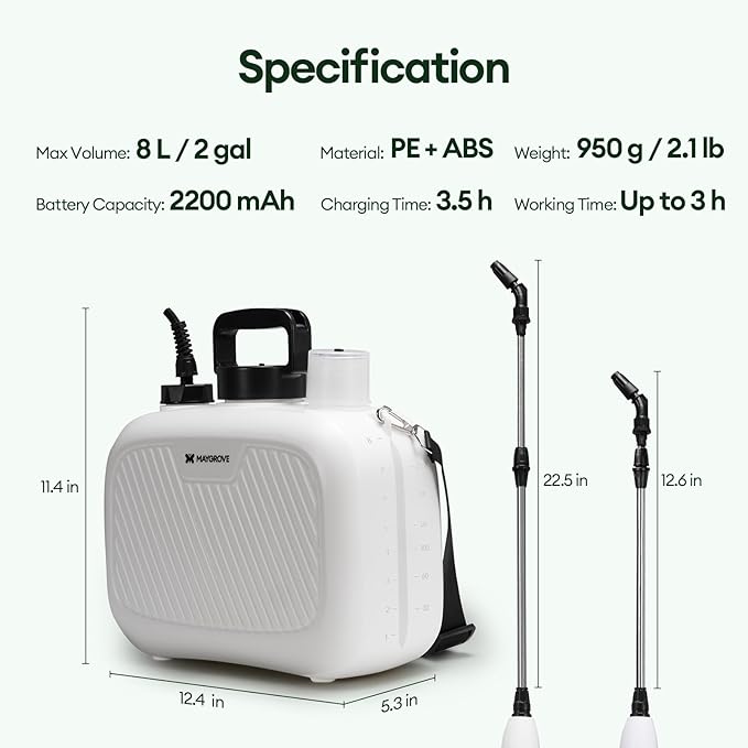 2 Gallon Electric Sprayer, Battery Powered Spray Bottle, Automatic Water Pump Plant Mister, Weed Yard Sprayer with 3 Nozzles, Ergonomic Handle, 3 Hours Long Battery Life