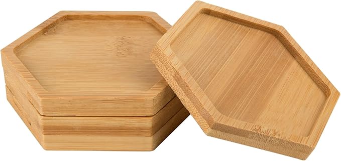 Cosmos 4 Pcs Bamboo Plant Saucer Succulent Pot Holder Drainage Tray with Raised Edge for 3.5 Inch Small Plant Flower Pots (Hexagon Shape)
