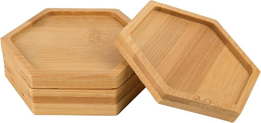 Cosmos 4 Pcs Bamboo Plant Saucer Succulent Pot Holder Drainage Tray with Raised Edge for 3.5 Inch Small Plant Flower Pots (Hexagon Shape)