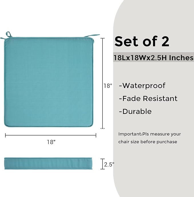 Outdoor Chair Cushions 18x18 Inch,Set of 2,Water Resistant Chair Pads with Ties,Square Seat Cushion 18"x18"x2.5",Patio Chair Cushion for Garden,Backyard Furniture(Teal)