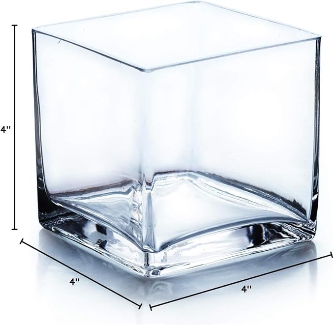 WGV Cube Glass Vase, Candle Holder, 4"x4"x4", Clear Elegant Floral Accent Container Planter Terrarium Storage for Wedding Party Ceremony Event Office Home Decor, 1 Piece