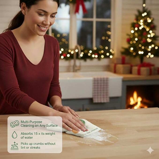 Christmas Holdiay Swedish Dishcloth, Reusable Paper Towel, Super Absorbent Cellulose Sponge, Washable Kitchen Cleaning Cloth ('Tis The Season - 1 Pack)