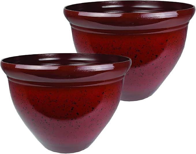 The HC Companies 9 Inch Pizzazz Round Planter Pots with Ceramic Look, Lightweight UV-Resistant Plastic Indoor & Outdoor Planters, 2-Pack Flower Pots for Garden & Home Decor, Warm Red