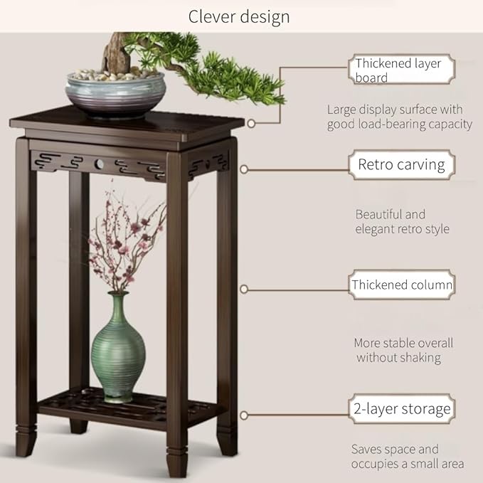 New Chinese Style Plant Stand, Decorative 2-Layer Wooden Tall Green Plant Display Rack, Flower Pot Rack with Storage for Balcony, Garden, Living Room(XX-Large)