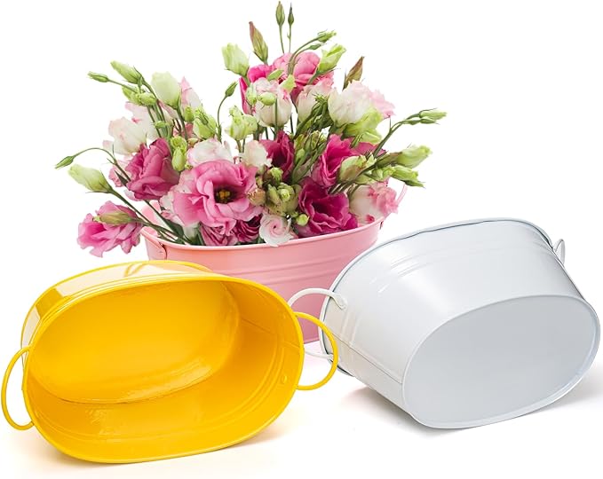 Foraineam Metal Flower Planter Pots Oval Plant Pot Holders with Handles, Floral Arrangement Bucket Tubs, Garden Succulent Cactus Container for Indoor Outdoor Wedding Party Events Decor, 6 Colors