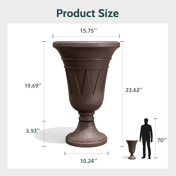 23.6" Tall Plastic Urn Planters for Outdoor Plants, Set of 2 Heavy-Duty Classic Indoor Large Flower Pots with Drainage Holes & Trophy Design, Outdoor Planters for Porch, Home Garden, Brown