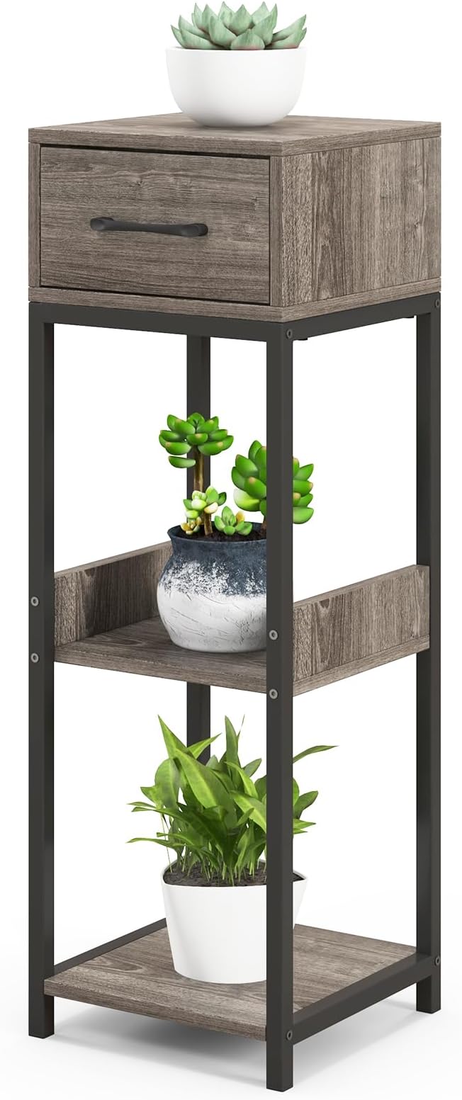Giantex 3 Tier Tall Plant Stand Indoor, 36 Inch Corner Plant Holder with Drawer & Metal Frame, Modern Plant Shelf for Multiple Flower Pots, Square Plant Tables for Balcony, Living room, 1 Pack