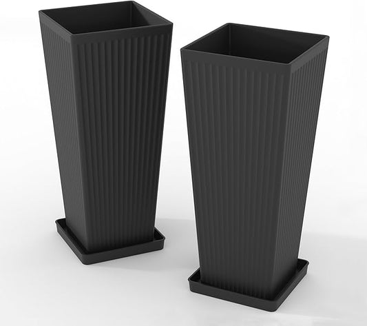 Tall Planters for Outdoor Plants Set of 2, 23.6" Large Taper Flower Plant Pots with Drainage Hole and Drainage Trays, Weather-Resistant Plastic planters for Patio, Porch, Garden, Black
