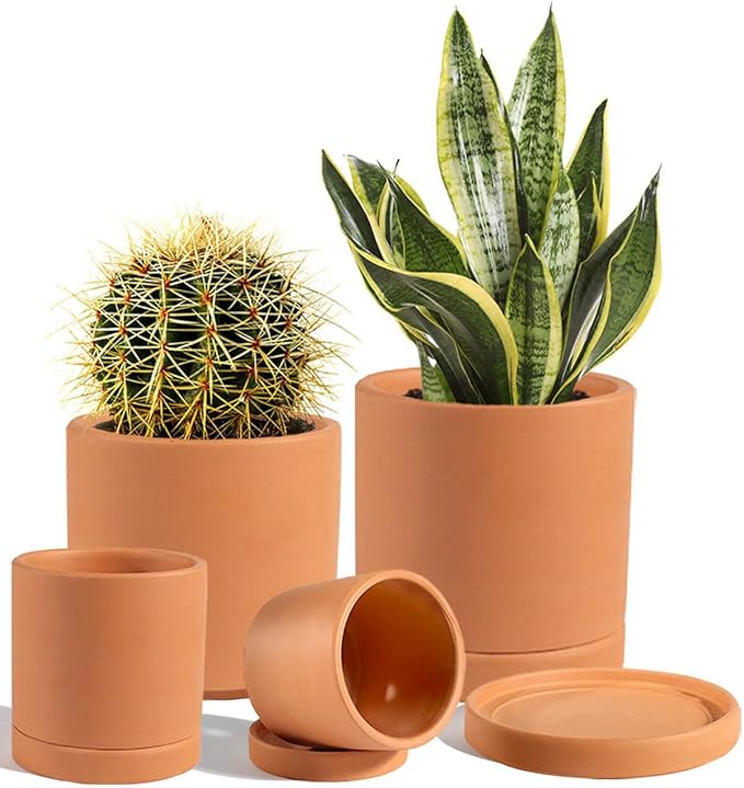 vensovo Terracotta Pots with Drainage and Saucers - 3.5/4.2/5.2/6.0 Inch Clay Planters Set of 4, Round Cylinder Flower Pots for Succulents, Herbs, Indoor Outdoor Plants