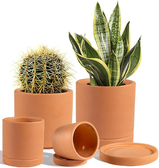 vensovo Terracotta Pots with Drainage and Saucers - 3.5/4.2/5.2/6.0 Inch Clay Planters Set of 4, Round Cylinder Flower Pots for Succulents, Herbs, Indoor Outdoor Plants