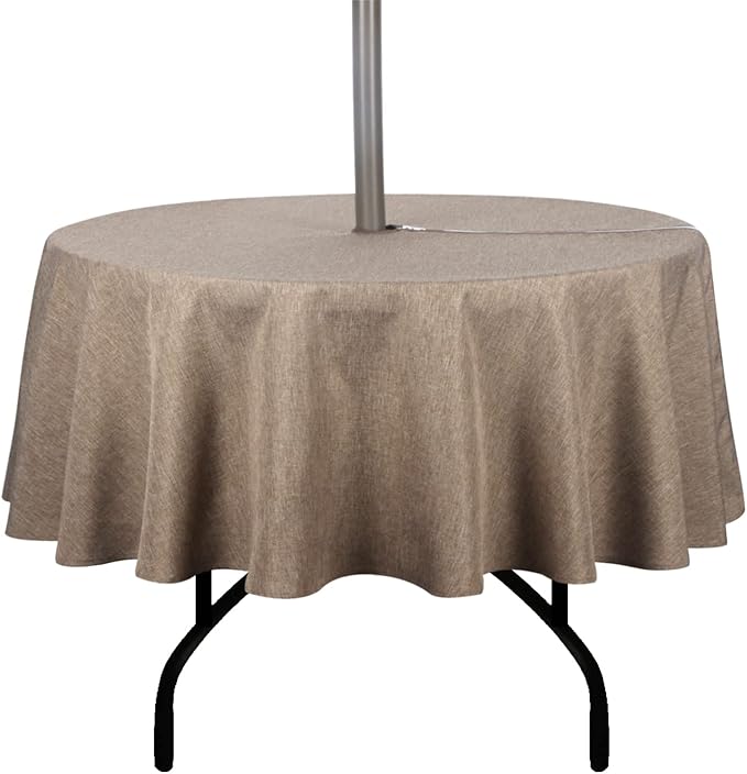 Outdoor Tablecloth Wrinkle-Free Stain Resistant Waterproof Polyester Fabric Table Cover with Zipper Umbrella Hole for Picnic/Party/Dinner/Patio Garden(70inch Round,Zippered,Flax)